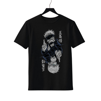 Goju Saturo Black t-shirt with graphic design on a hanger against a white background