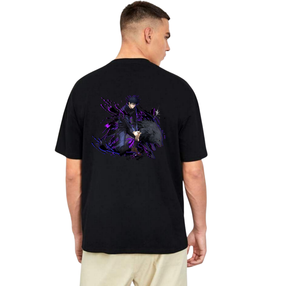 Person wearing a Megumi Fushiguro t-shirt with a graphic design on the back, standing against a white background