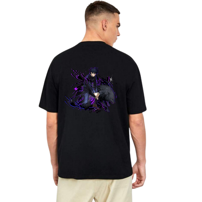 Person wearing a Megumi Fushiguro t-shirt with a graphic design on the back, standing against a white background
