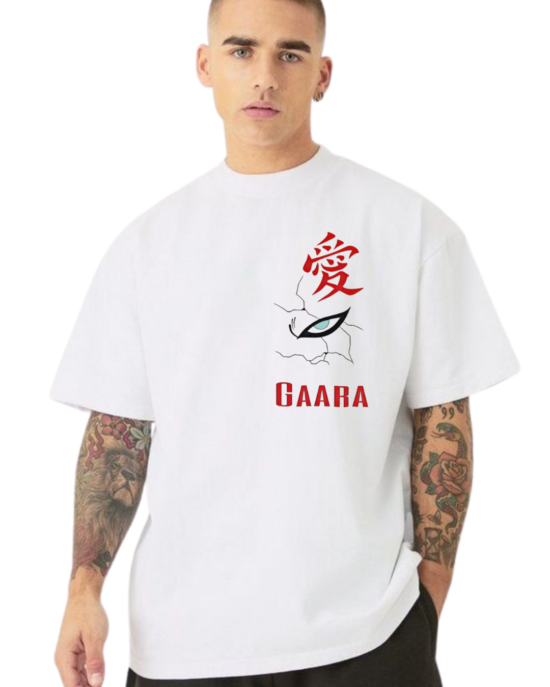Man wearing a Gaara white t-shirt with red and black graphics and text on a white background