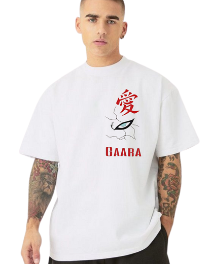 Man wearing a Gaara white t-shirt with red and black graphics and text on a white background