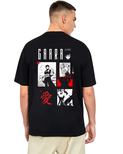 Person wearing a Gaara black t-shirt with anime-style graphics and text on the back.