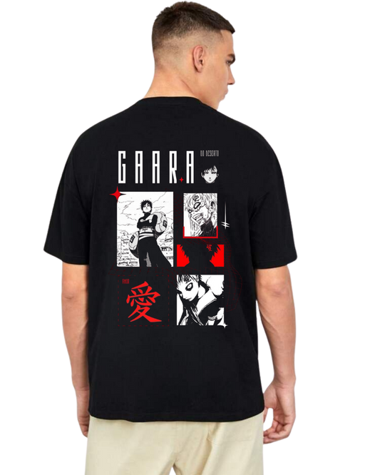 Person wearing a Gaara black t-shirt with anime-style graphics and text on the back.