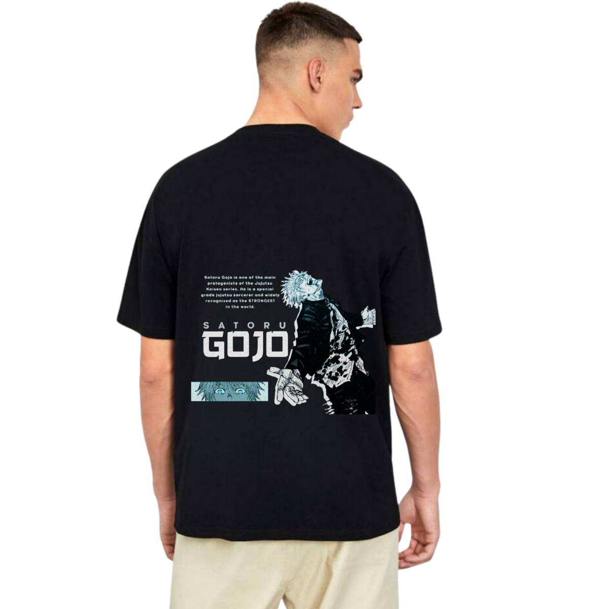 Person wearing a Goju Saturo black t-shirt with a graphic design on the back, standing against a white background
