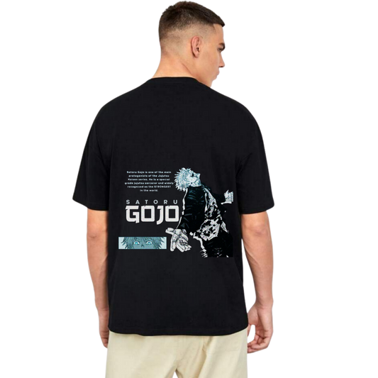 Person wearing a Goju Saturo black t-shirt with a graphic design on the back, standing against a white background