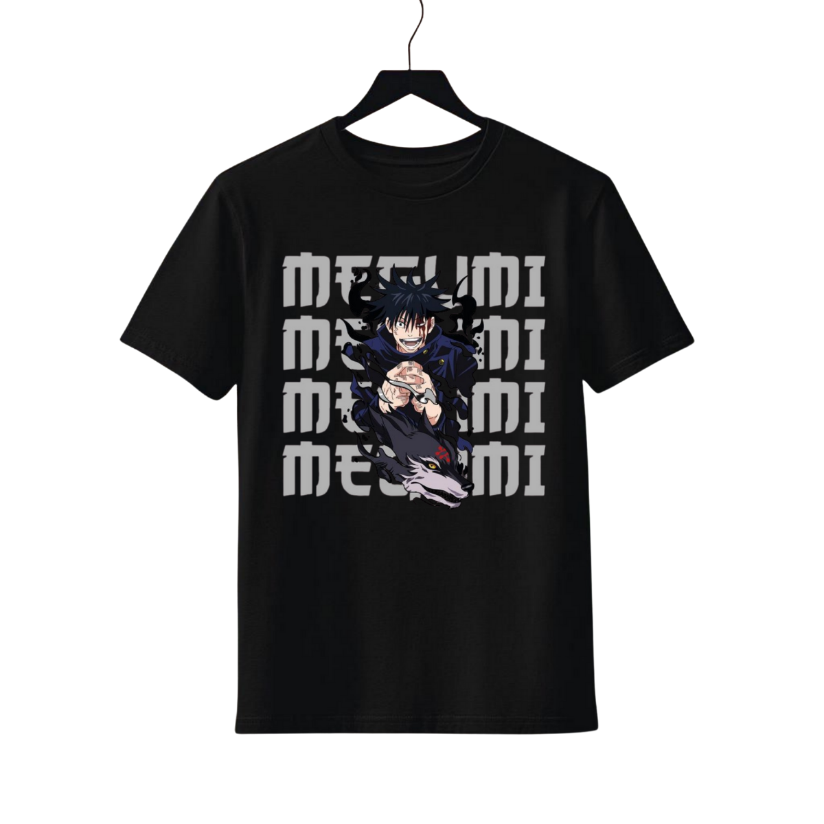 Megumi Fushiguro Black t-shirt with anime character and 'MEGUMI' text on a hanger against a white background