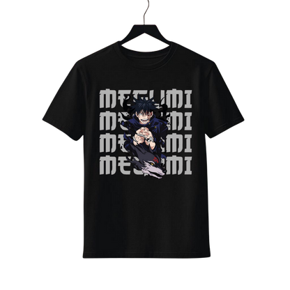 Megumi Fushiguro Black t-shirt with anime character and 'MEGUMI' text on a hanger against a white background