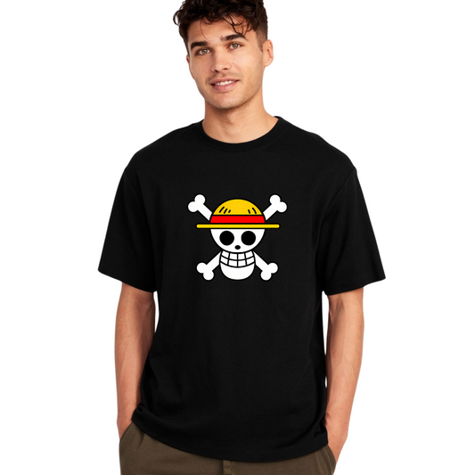 Person wearing a One Piece black t-shirt with a skull and crossbones design featuring a yellow hat.
