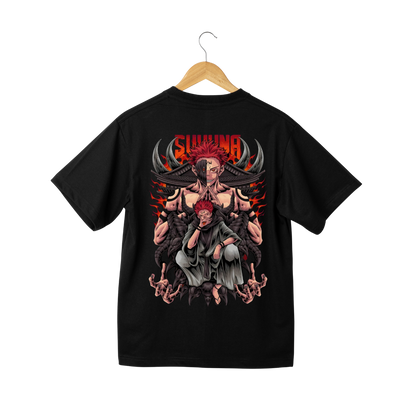 Ryomen Sukuna Black t-shirt with graphic design on a hanger 