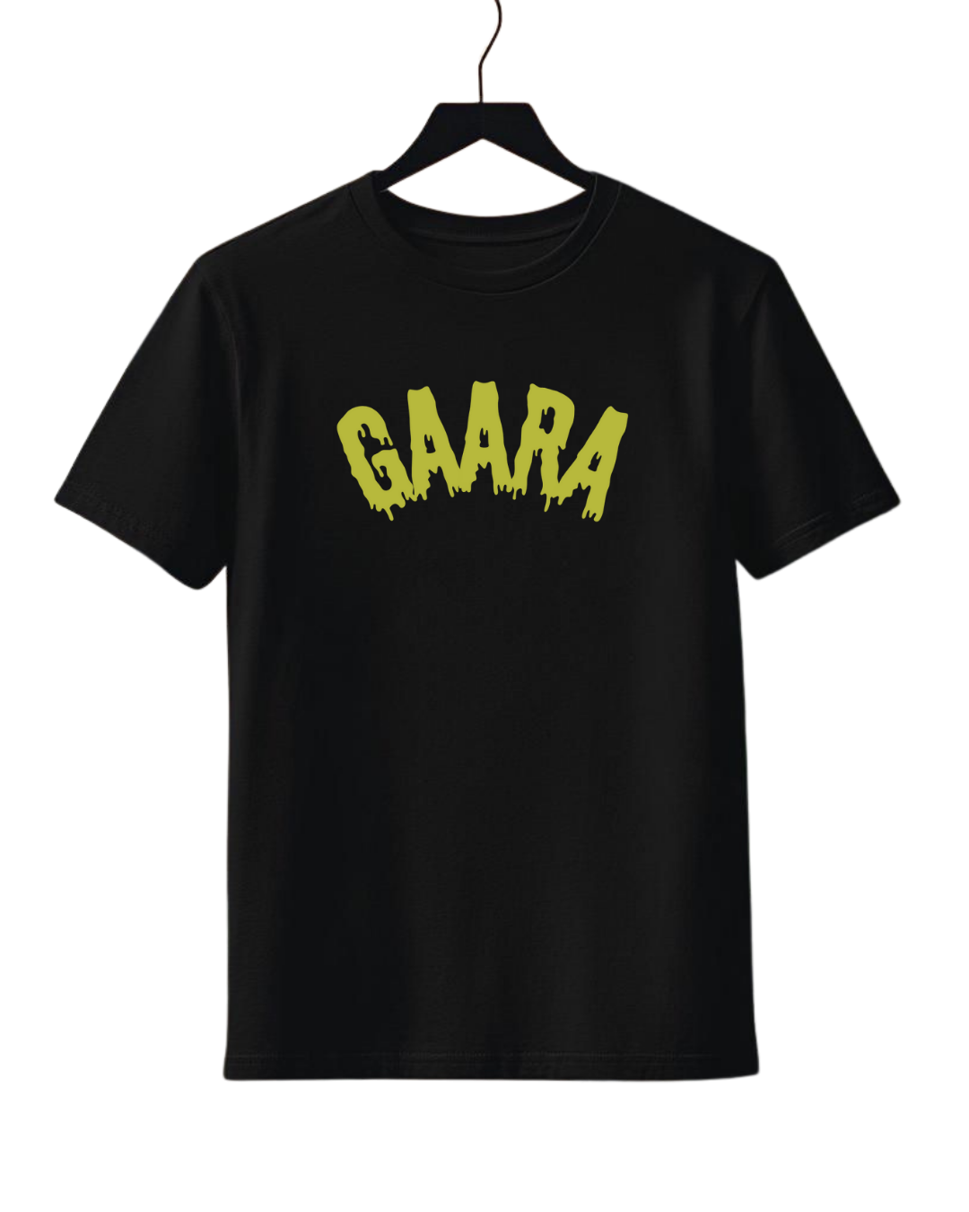 Gaara Black t-shirt with yellow text 'GAARA' on a hanger against a white background