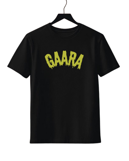 Gaara Black t-shirt with yellow text 'GAARA' on a hanger against a white background