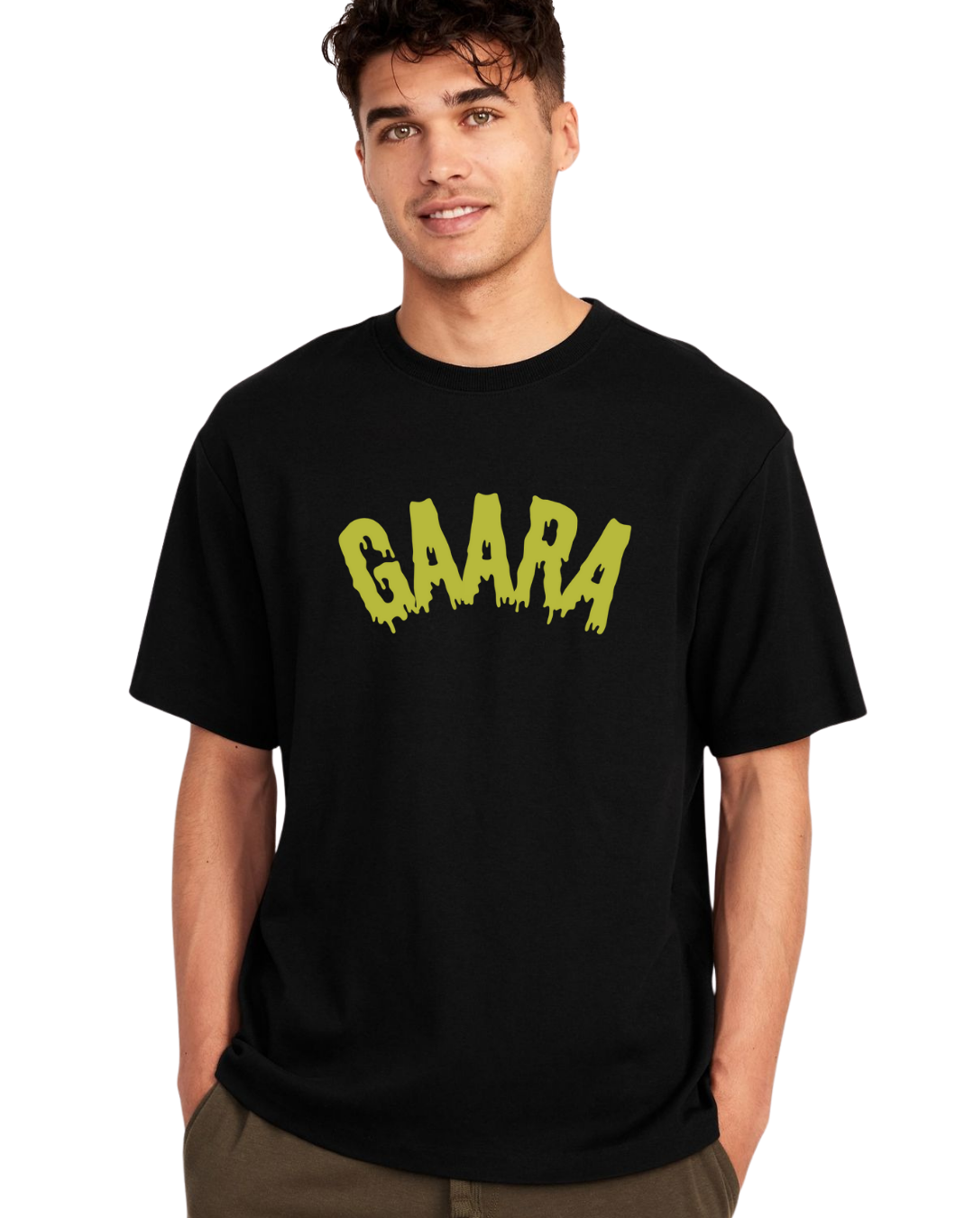 Person wearing a Gaara black t-shirt with 'GAARA' printed in yellow on a white background