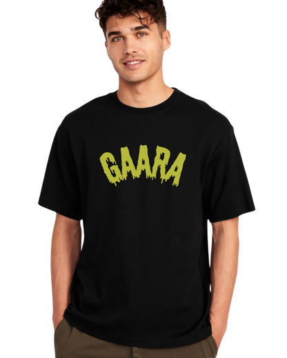 Person wearing a Gaara black t-shirt with 'GAARA' printed in yellow on a white background