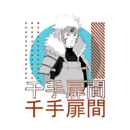 Jiraya  with gray hair and a headband, surrounded by decorative elements on a white background.