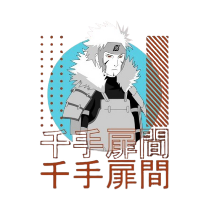 Jiraya  with gray hair and a headband, surrounded by decorative elements on a white background.