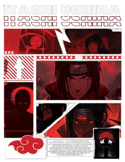 Stylized poster of Itachi Uchiha with red and black color scheme