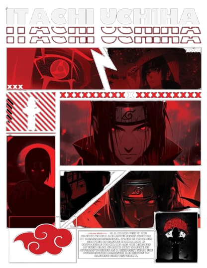 Stylized poster of Itachi Uchiha with red and black color scheme