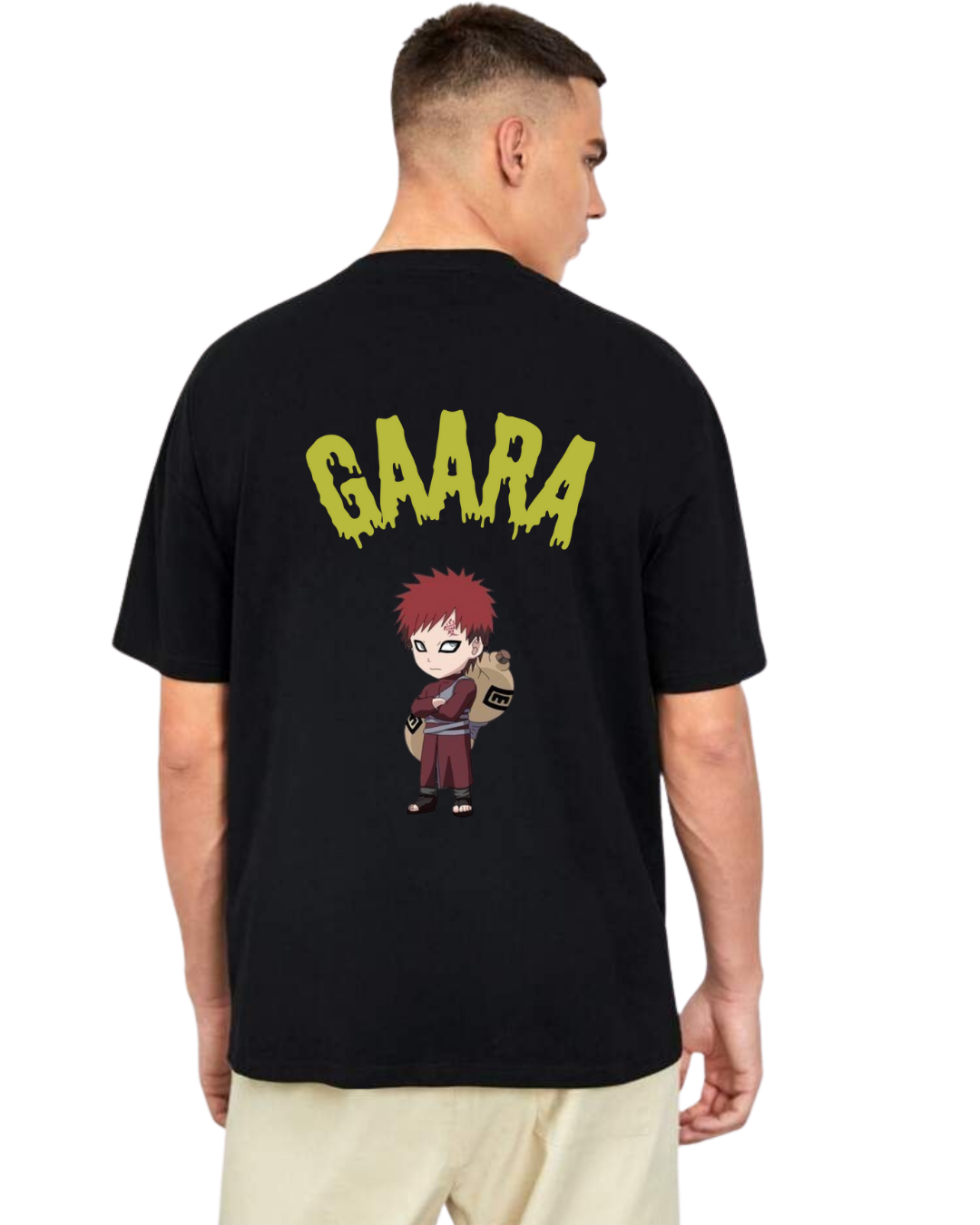 Person wearing a Gaara black t-shirt with 'GAARA' and a character on the back
