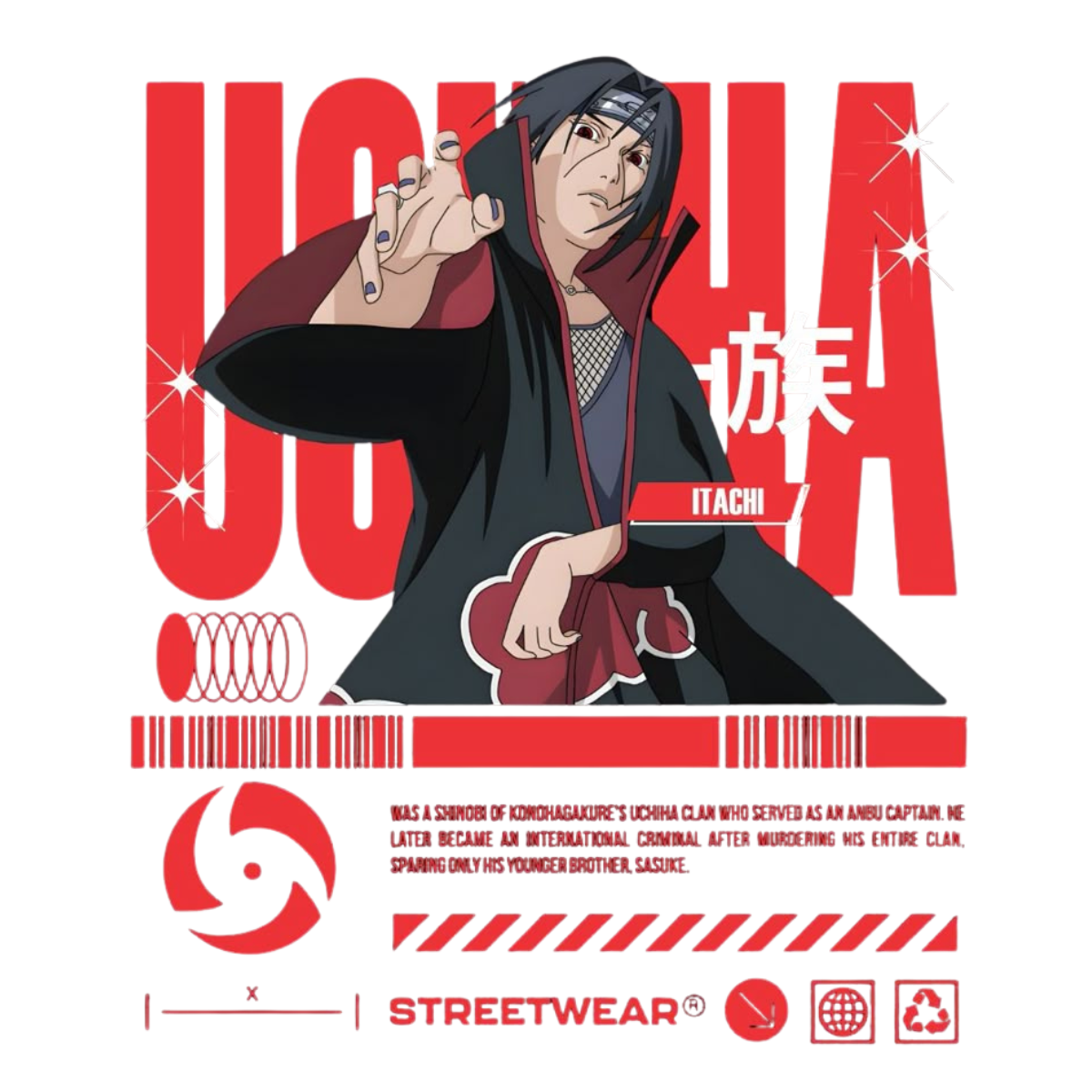 Itachi Uchicha in a black outfit with red text and graphics on a white background