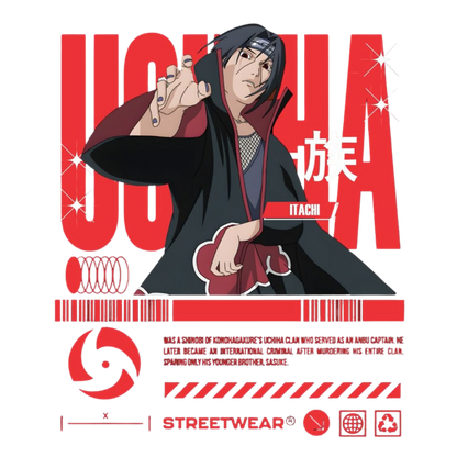 Itachi Uchicha in a black outfit with red text and graphics on a white background