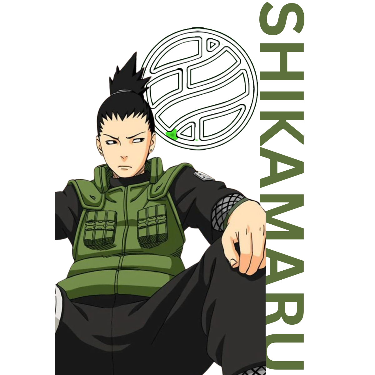 Anime character Shikamaru with a green vest and black outfit on a white background