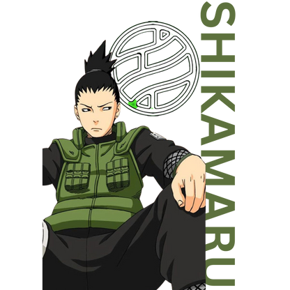 Anime character Shikamaru with a green vest and black outfit on a white background
