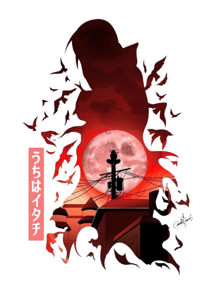 Artistic depiction of a silhouette with a red moon and birds in the background
