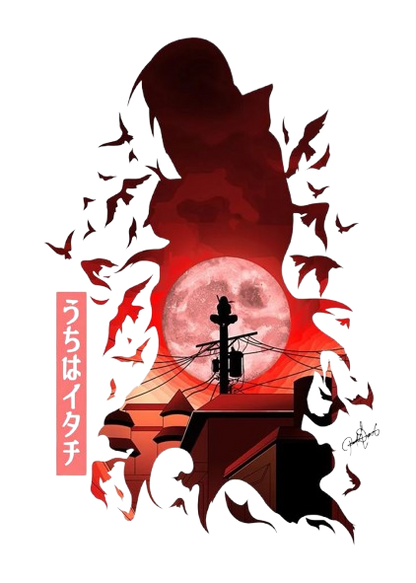 Artistic depiction of a silhouette with a red moon and birds in the background