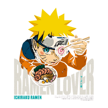 Anime character eating ramen with 'Ichiraku Ramen' text