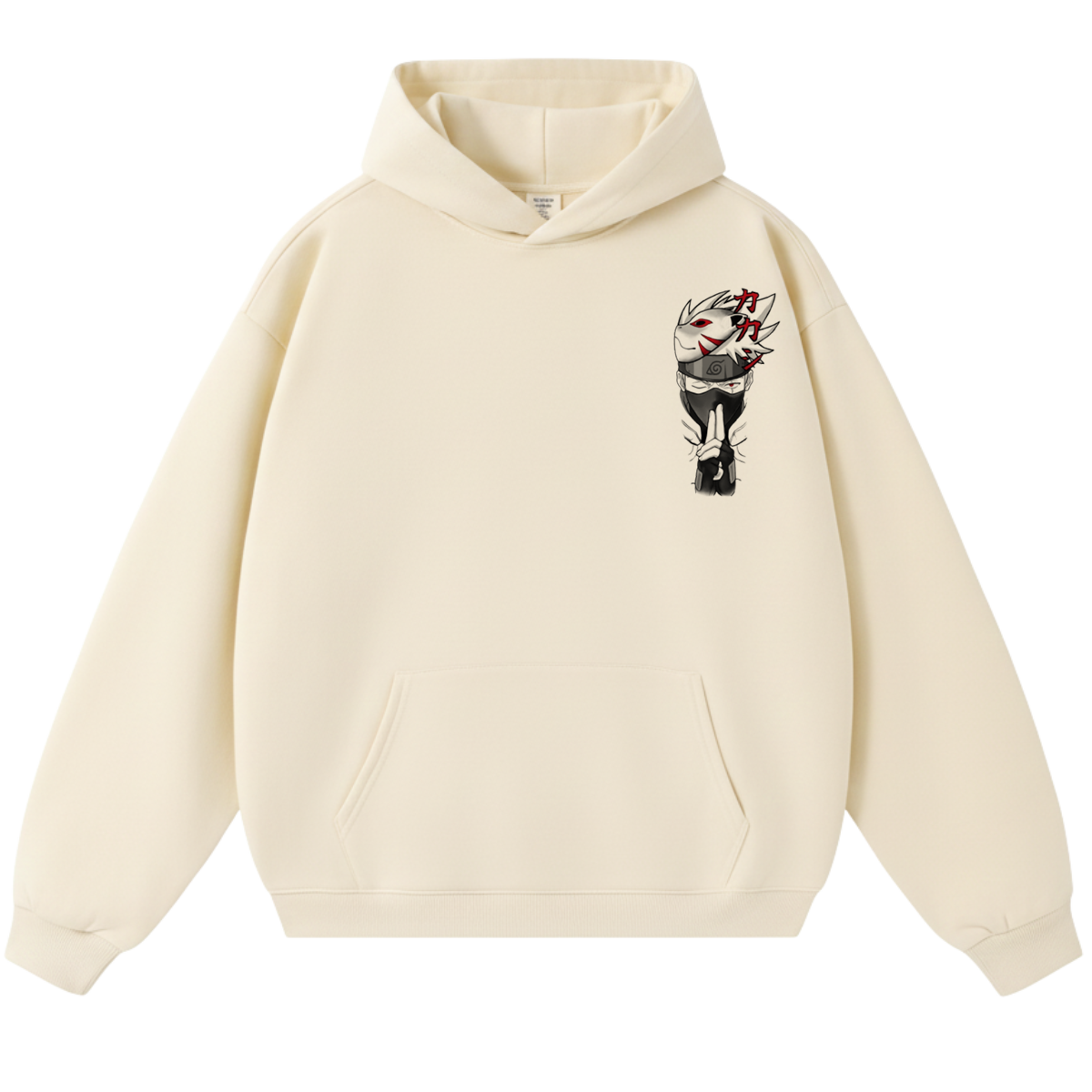 Beige hoodie with a kakashi graphic design on the chest against a white background
