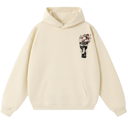 Beige hoodie with a kakashi graphic design on the chest against a white background