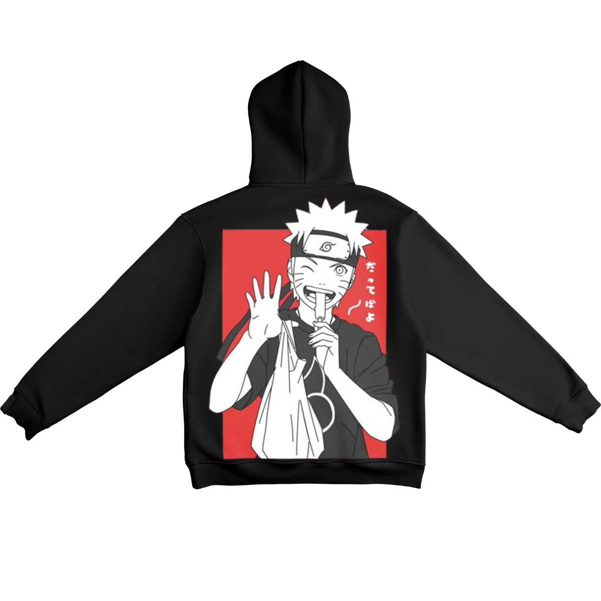 Naruto Uzumaki  Black hoodie with a graphic design on the back featuring Naruto Uzumaki  with a red background.