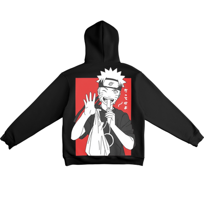 Naruto Uzumaki  Black hoodie with a graphic design on the back featuring Naruto Uzumaki  with a red background.
