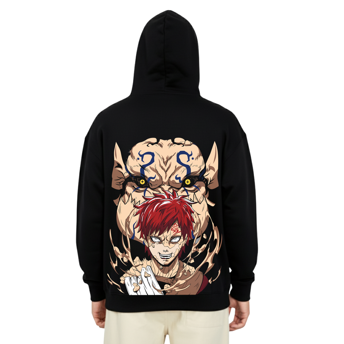 Black hoodie featuring anime character with red hair and giant creature illustration on back