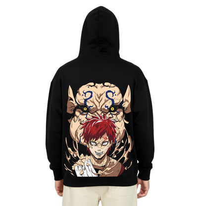 Black hoodie featuring anime character with red hair and giant creature illustration on back