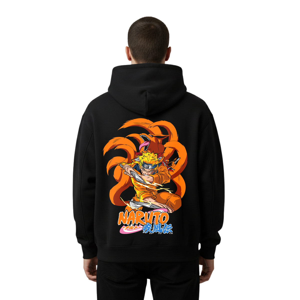 Black hoodie with Naruto graphic on the back, worn by a person