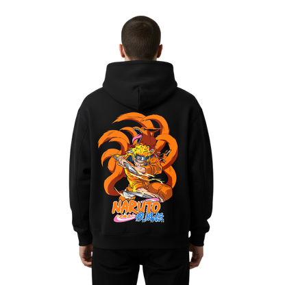 Black hoodie with Naruto graphic on the back, worn by a person