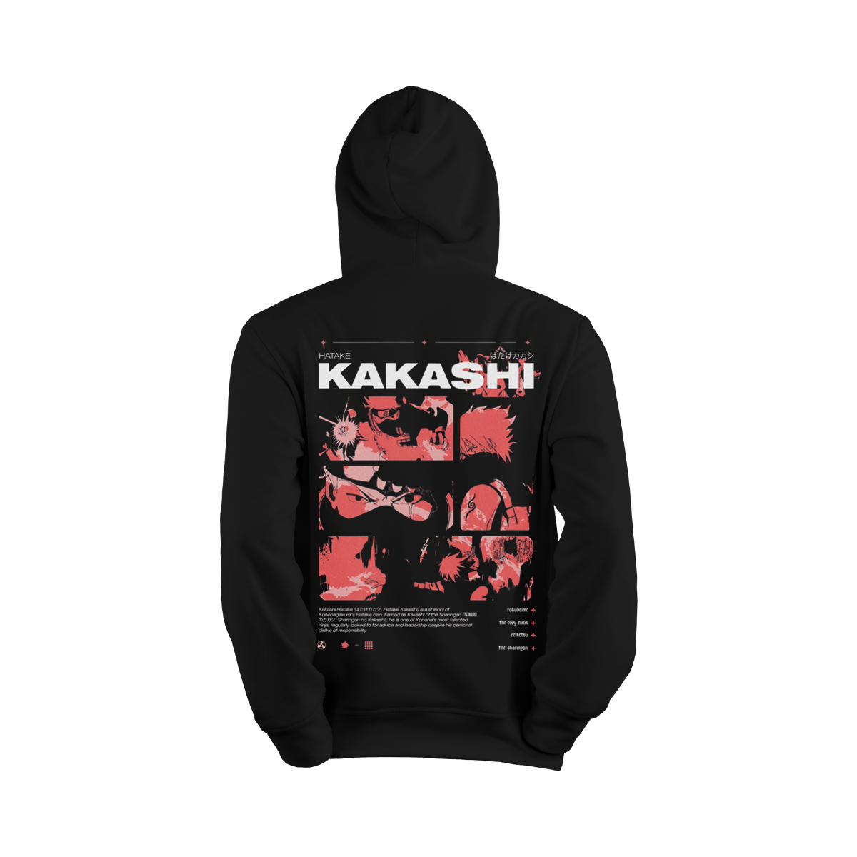 Black hoodie with 'Kakashi' design on a white background