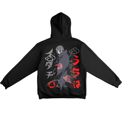 Itachi Uchicha  Black hoodie with character and symbols on the back