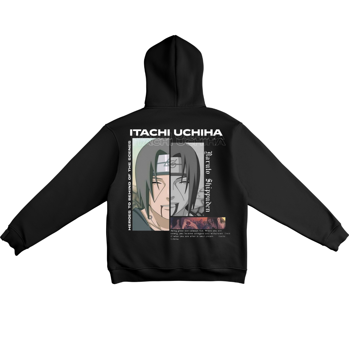 Black hoodie with 'Itachi Uchiha' graphic on the back