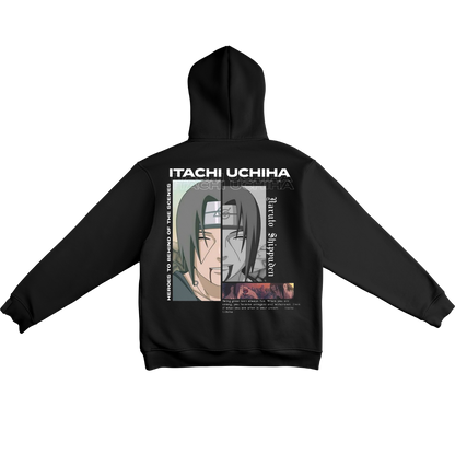 Black hoodie with 'Itachi Uchiha' graphic on the back