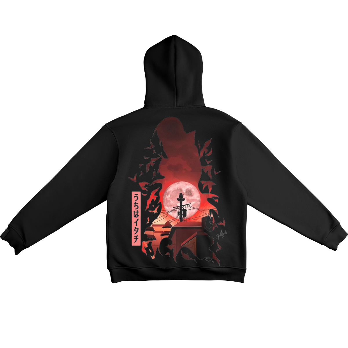 Itachi Uchicha  Black hoodie with a red and black graphic design on the back