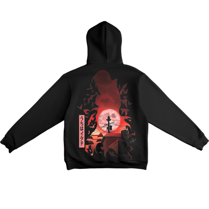 Itachi Uchicha  Black hoodie with a red and black graphic design on the back