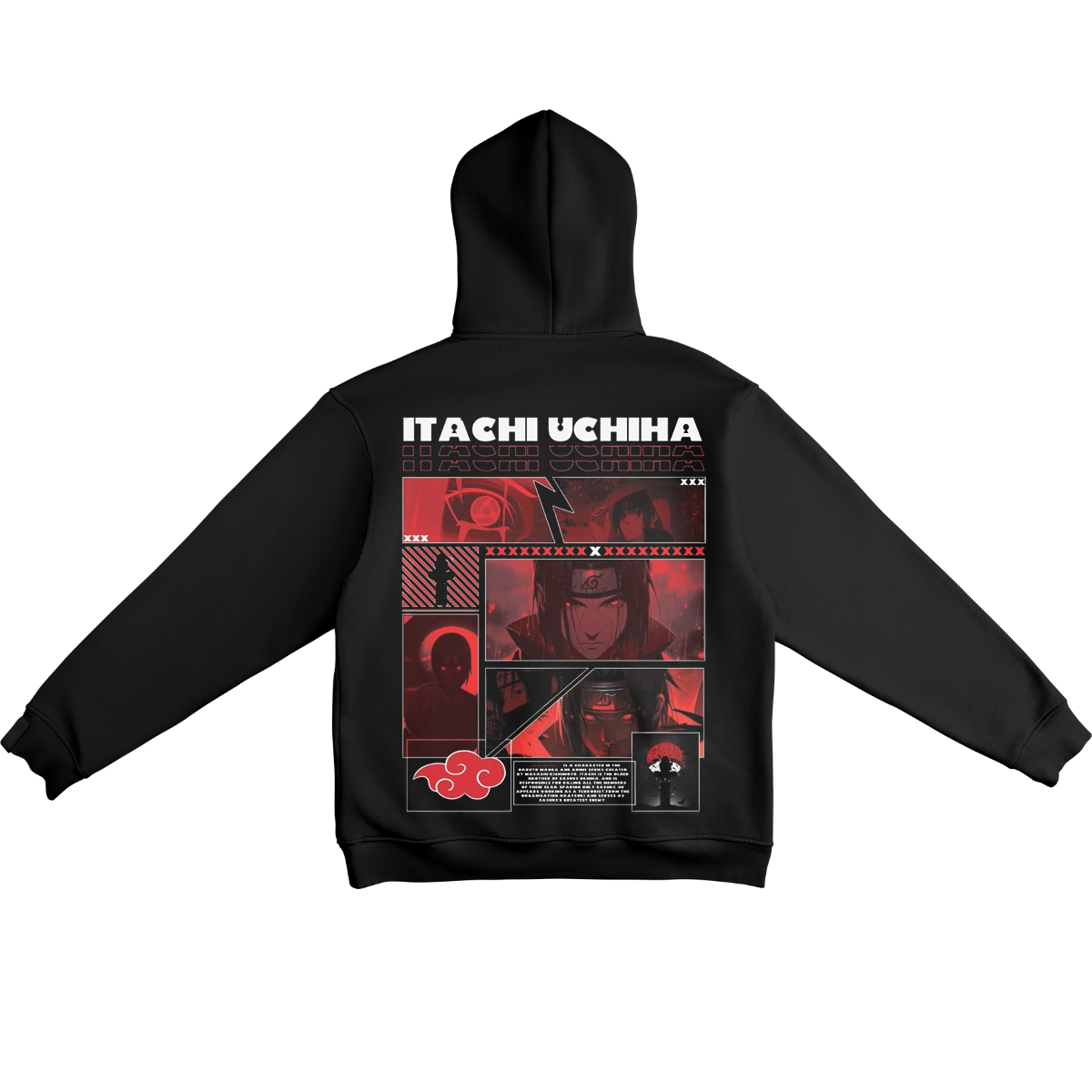 Black hoodie with 'Itachi Uchiha' design on the back, featuring red and white graphics.