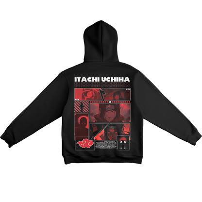 Black hoodie with 'Itachi Uchiha' design on the back, featuring red and white graphics.