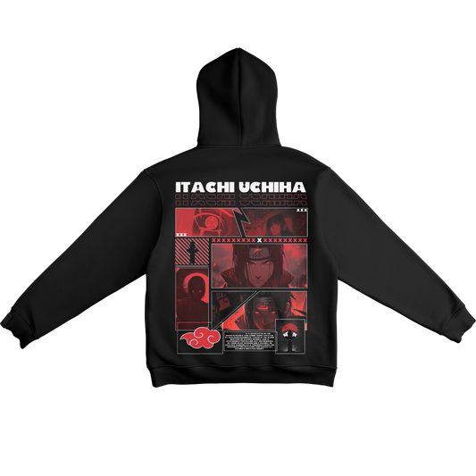 Black hoodie with 'Itachi Uchiha' design on the back, featuring red and white graphics.