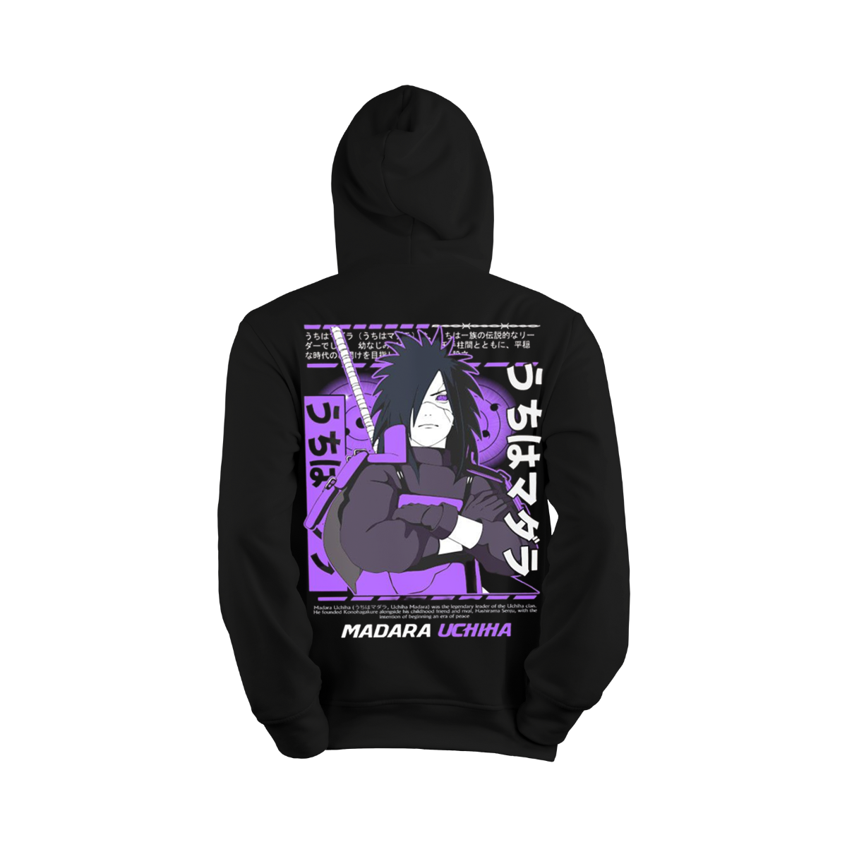 Black hoodie with Madara Uchiha design on a white background