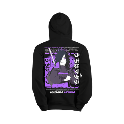 Black hoodie with Madara Uchiha design on a white background
