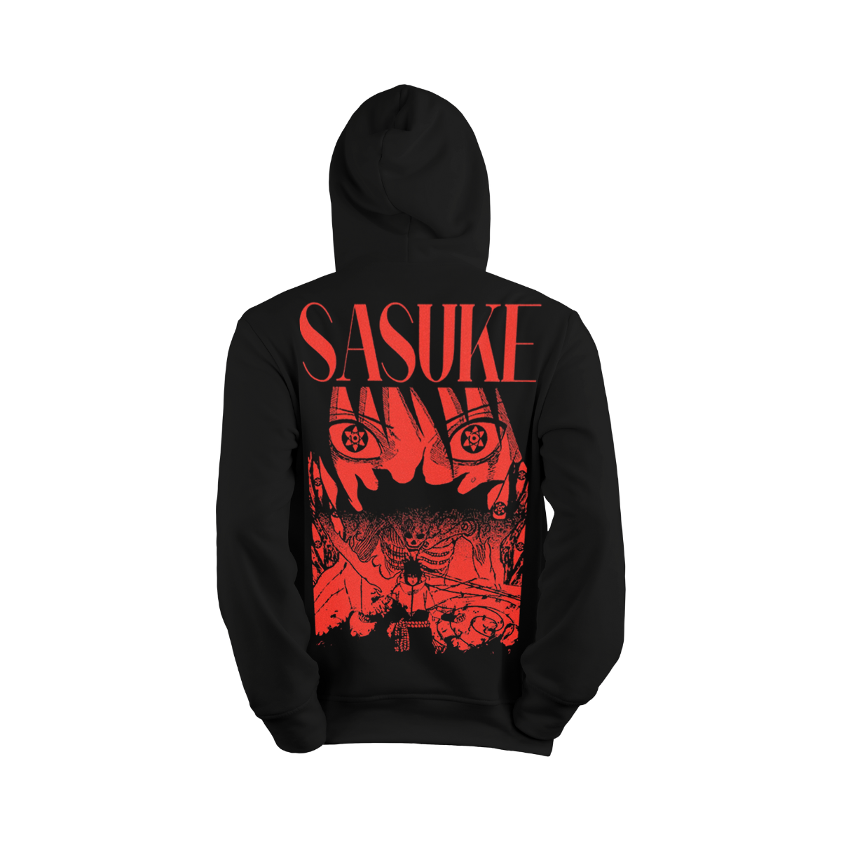 Black hoodie with red 'SASUKE' graphic design on a white background