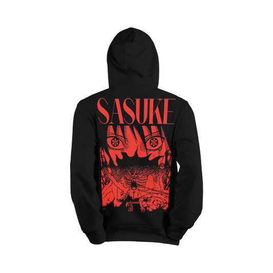 Black hoodie with red 'SASUKE' graphic design on a white background